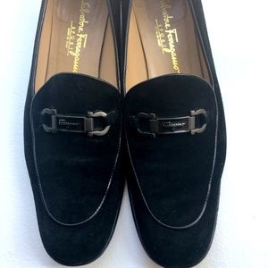 Salvatore Ferragamo Black Suede Shoes Loafers Buckle Flats